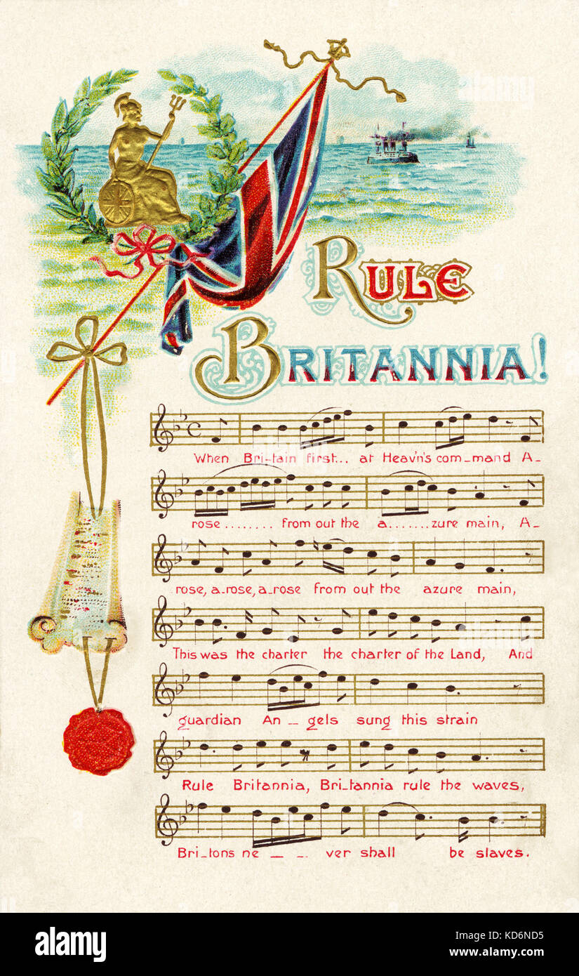 Rule Britannia - first verse. Poem by James Thomson (1700-48) -  put to music by Thomas Augustine Arne  around 1740 . on commemorative postcard. Unofficial anthem of Britain. Stock Photo