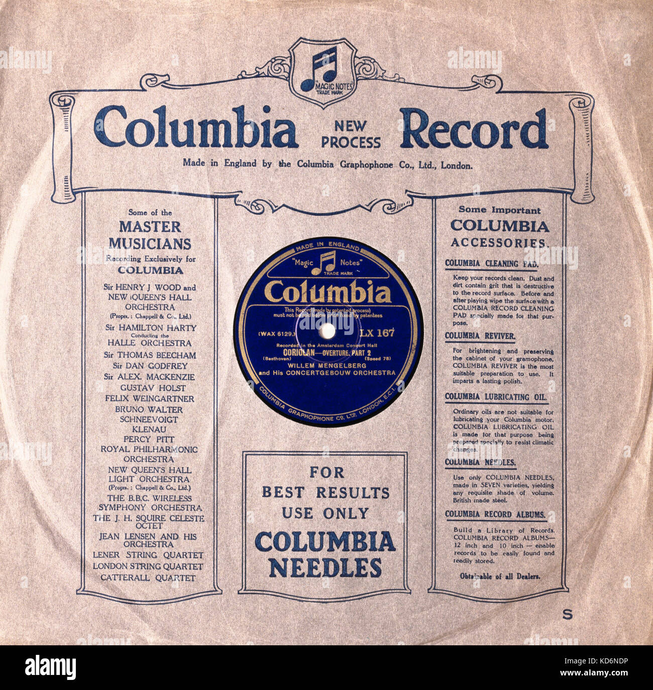 78 rpm Columbia Record cover (paper) - Coriolan overture written by Ludwig van Beethoven - performed by Willem Mengelberg and Concertgebouw Orchestra. (composed 1807 for Heinrich Joseph von Collin's 1804 tragedy about   Roman leader Gaius Marcius Coriolanus) Stock Photo