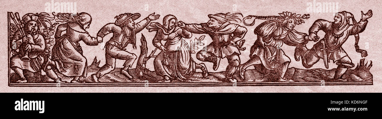 Medieval dancers performing a farandole.  Woodcut showing men and women in medieval costume, in a decorative Bohemian motif.  Folklorique, folklore. Illustration for Mahler's 'Knaben Wunderhorn'. Stock Photo