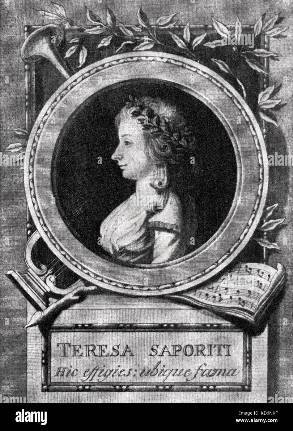 Theresa Saporiti - portrait. Latin inscription reads:' Her image here, her fame everywhere.  Italian opera singer, sang as Donna Anna in premiere of Wolfgang Amadeus Mozart 's Don Giovanni on 29 October 1787. Mozart, Austrian composer, 27 January 1756 - 5 December 1791. Stock Photo