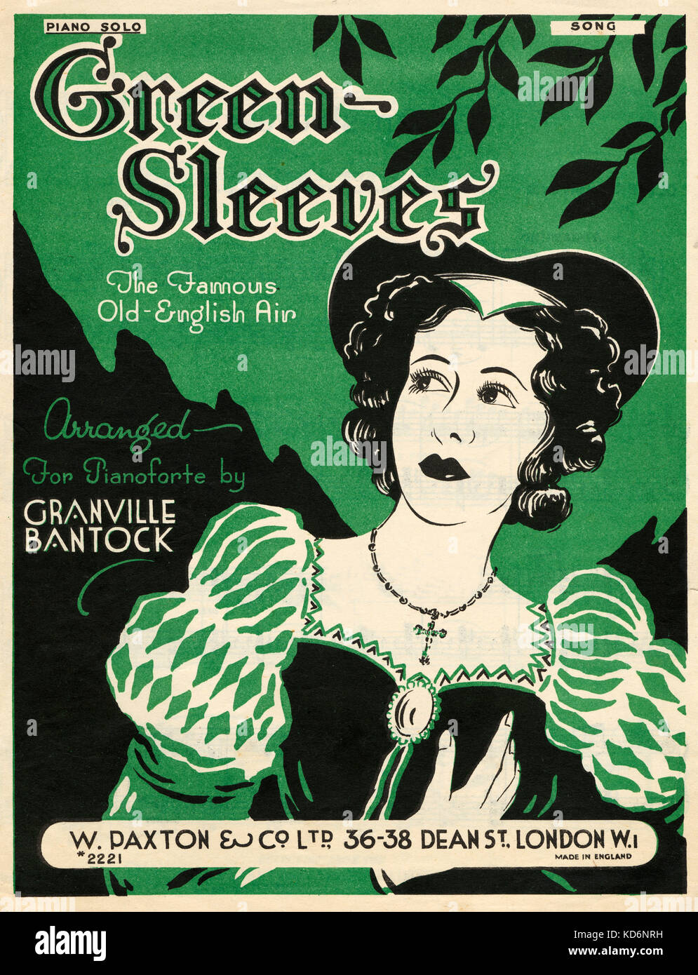Greensleeves score cover with drawing of Elizabethan woman. Arranged for pianoforte by Granville Bantock. Published by W. Paxton, London, 1953 Stock Photo