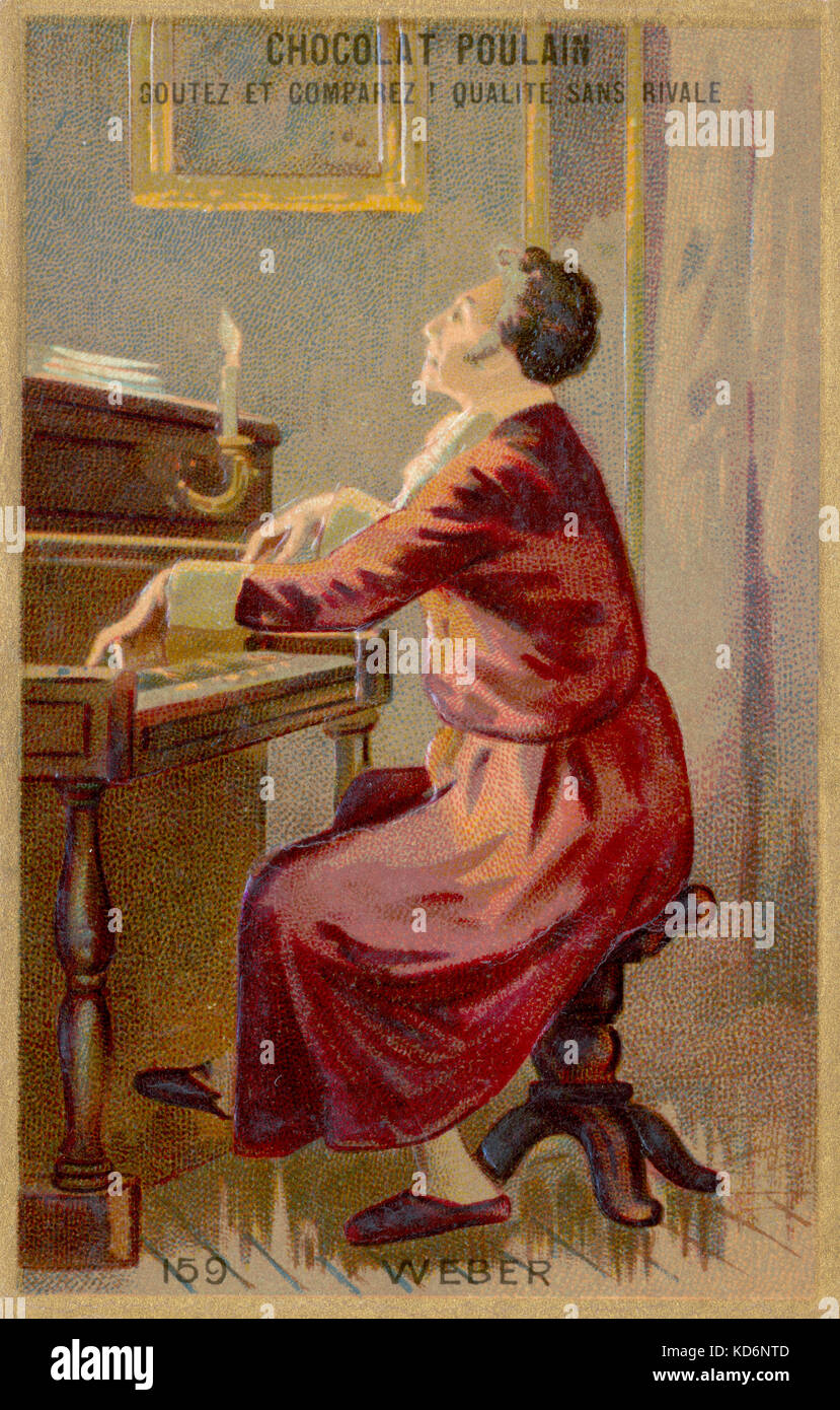 Carl Maria von Weber - portrait playing piano. German composer, conductor, pianist and critic   1786 - 5 June 1826. Source: card produced by Chocolat Poulain. Stock Photo
