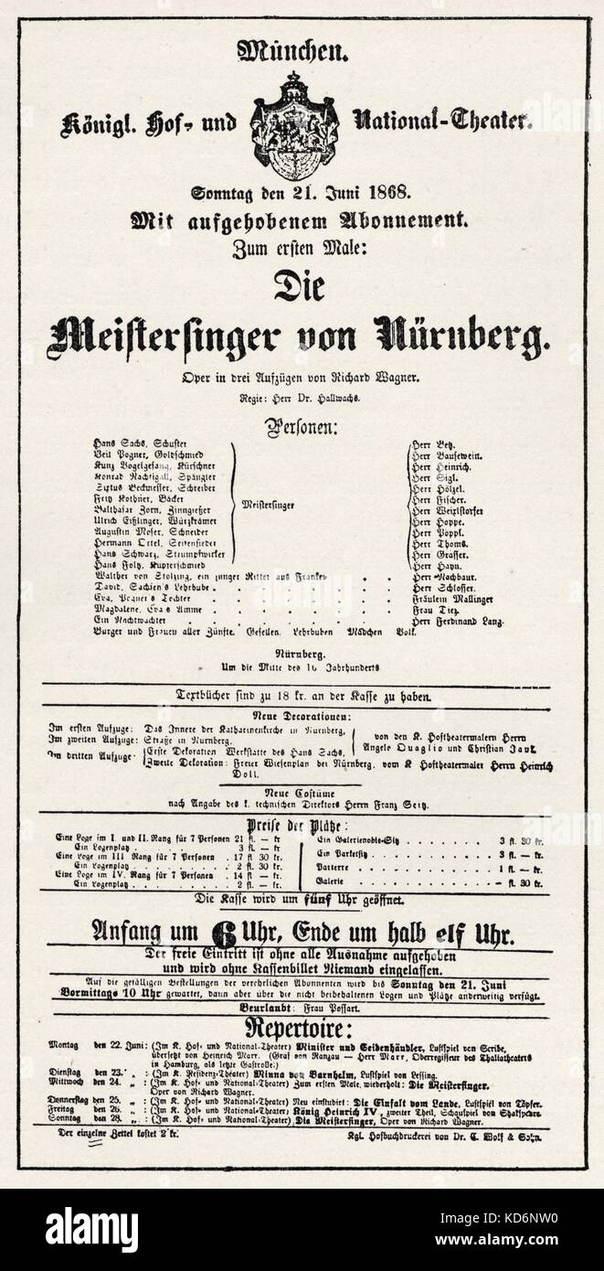Richard Wagner 's Die Meistersinger von Nürnberg / The Mastersingers of Nuremberg - notice advertising premiere on 21 June 1868 in Munich. German composer & author, 22 May 1813 - 13 February 1883. Stock Photo
