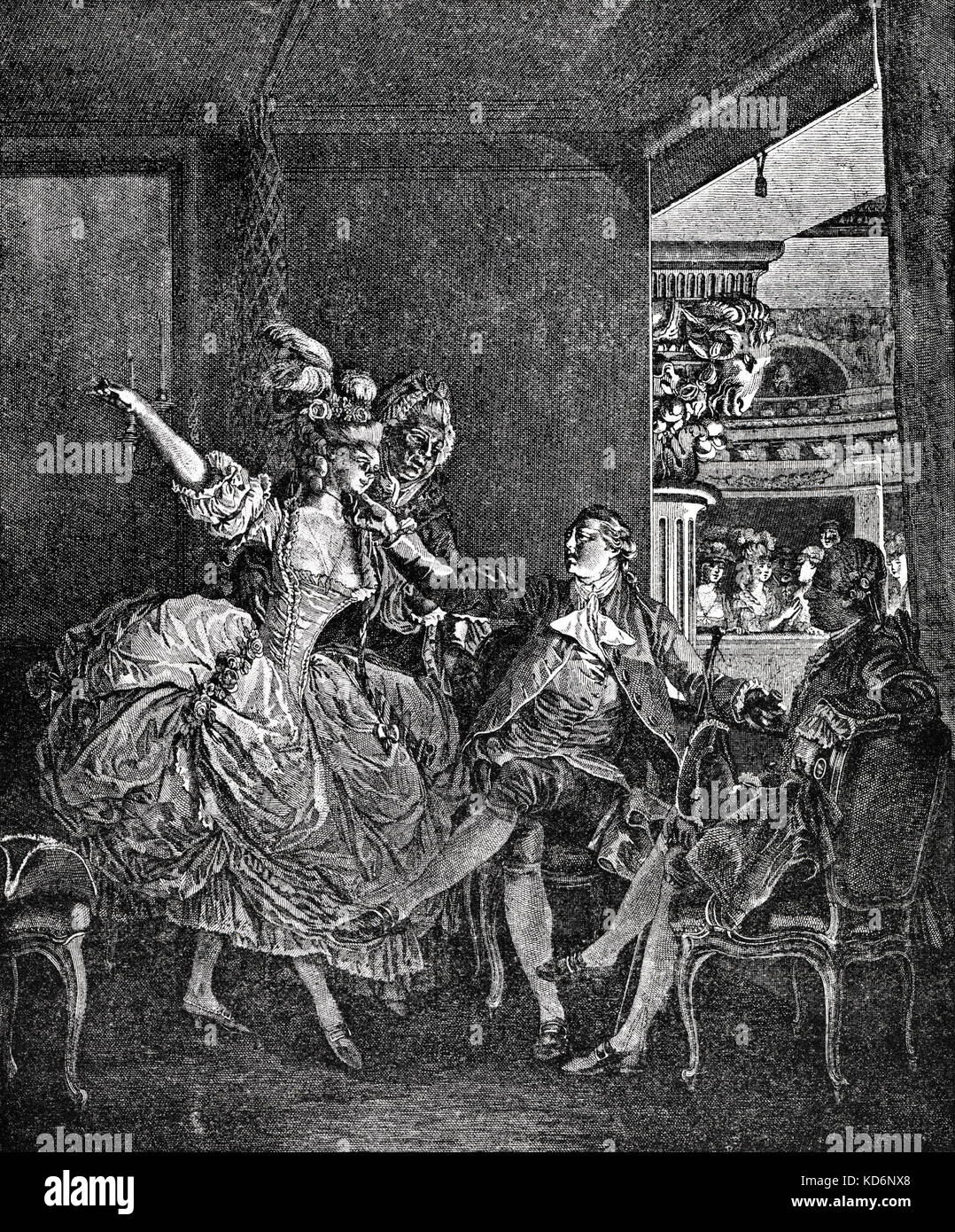 La petite loge - the theatre box. Actress/performer being presented to two gentlemen by older woman. Typical 18th century fashion.  Rococo. Engraving by Moreau. Breeches, overcoat. Ancien Régime Stock Photo