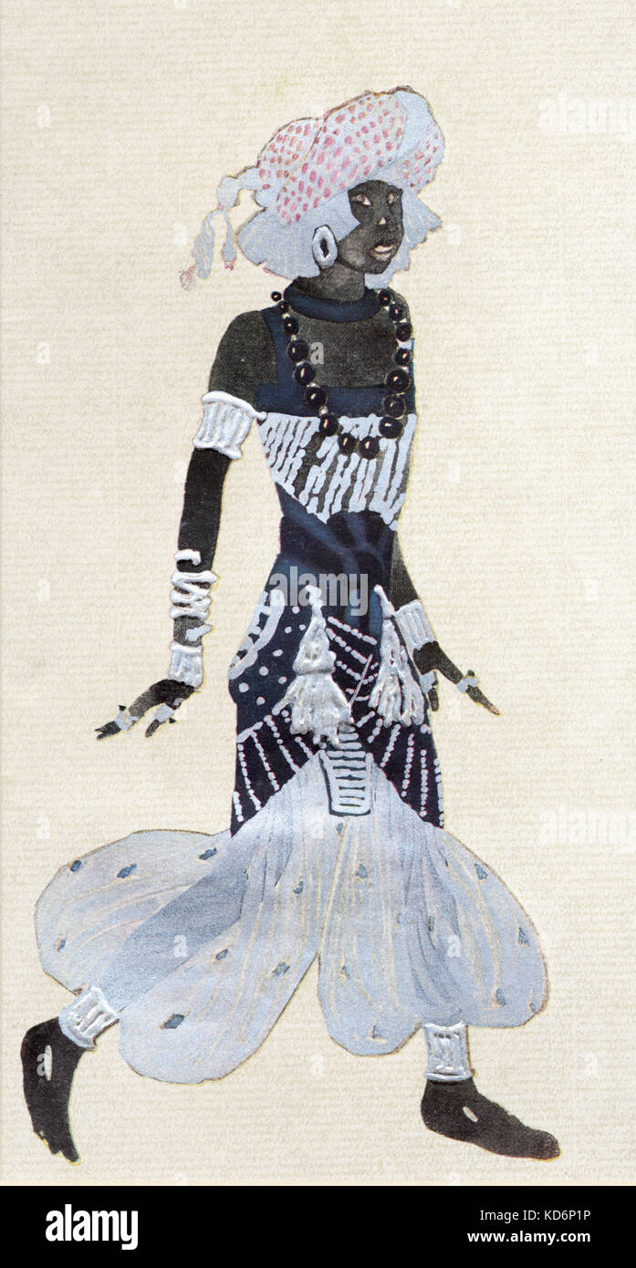 Costume for Negro /Negrillon in Scheherazade  Sheherazade music by Rimsky-Korsakov, choreography by Fokine, Décor and costumes by Leon Bakst (1866-1924). Produced by Diaghilev 's Ballet Russe at Paris Opera 4 June 1910. . Ballet Russe, Ballets Russes Stock Photo