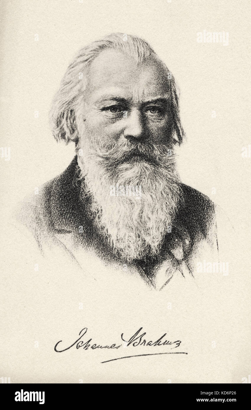Johannes Brahms - portrait print postcard with signature.  German composer, 7 May 1833 - 3 April 1897.  A bar from his First Symphony, op.68 on the back of the card. Stock Photo