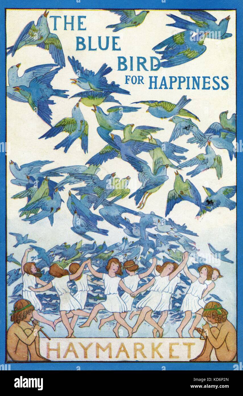 'The Blue Bird for Happiness',  by Maurice Maeterlinck first performed at Haymarket Theatre 1909 - Poster design by Frederick Cayley Robinson (1867–1927). Theatrical postcard advertising production Young girls dancing in white costume, blue birds / swallows flying around. Stock Photo