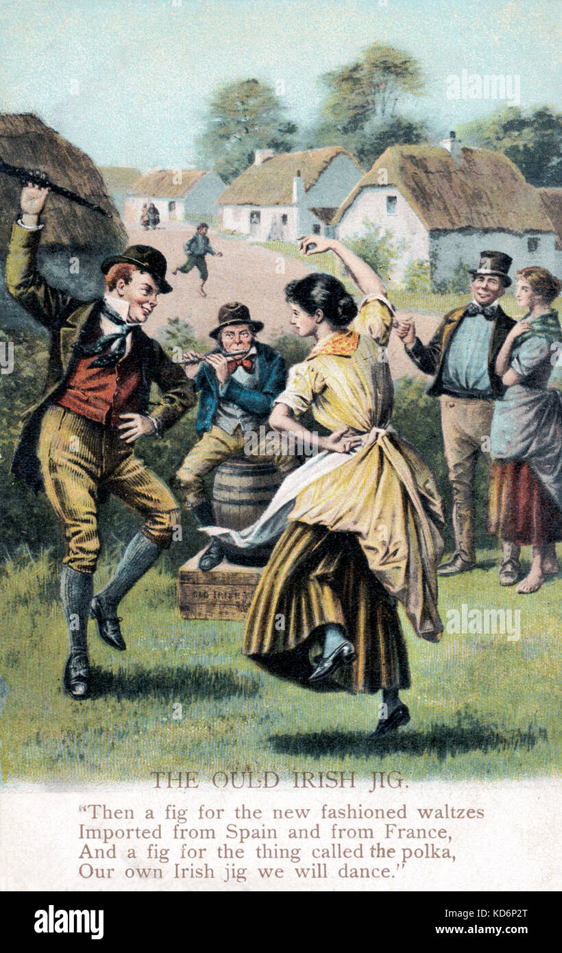 'The Ould Irish Jig' - painting of couple dancing in traditional dress, with man playing flute behind, late 19th century. Caption reads: 'Then a fig for the new fashioned waltzes imported from Spain and from France, and a fig for the thing called the polka, our own Irish jig we will dance.' from poem by James McKowen, Irish poet 1814 - 1889. Stock Photo