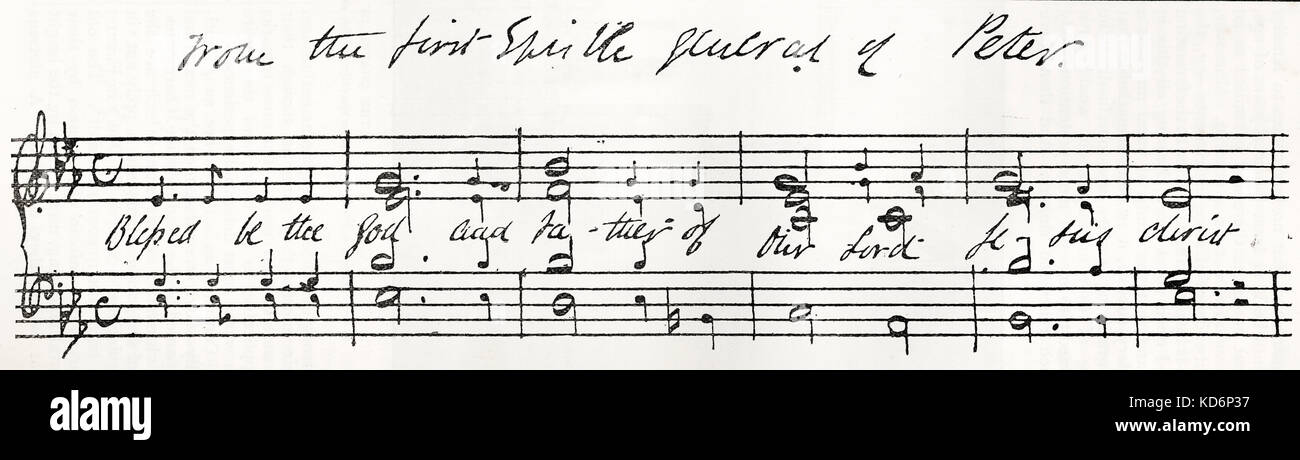 Samuel Sebastian Wesley - the opening phrase of 'Blessed be the God and Father' in the hand writing of the English composer and organist. 14 August 1810 - 19 April 1876. From 'The Musical Times', 1 August 1900. Stock Photo