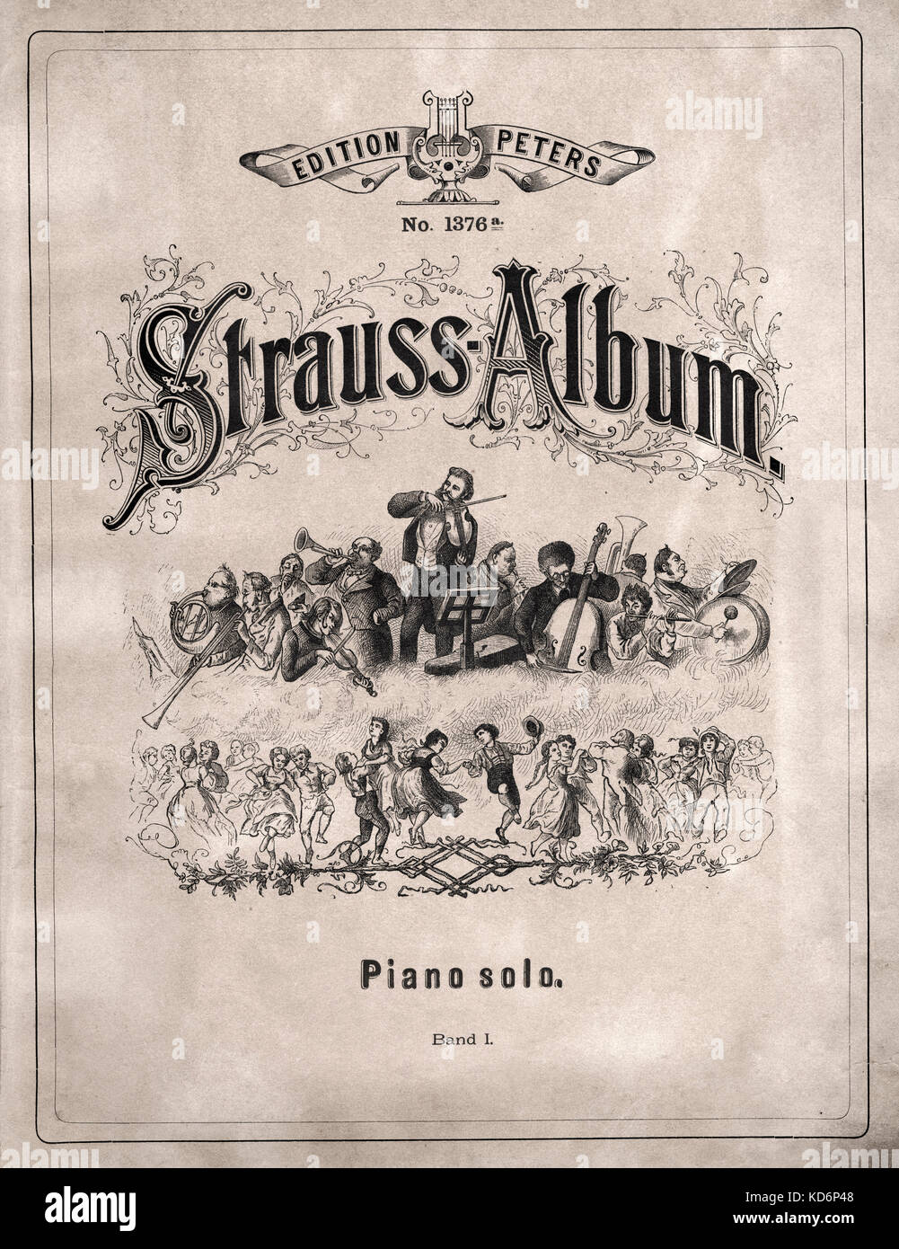 Strauss Album - Title page. Collection of dances by Johann, Josef  and Eduard Strauss Published by Hamburg aug. Granz  . Musicians playing instruments, violin, people dancing Stock Photo
