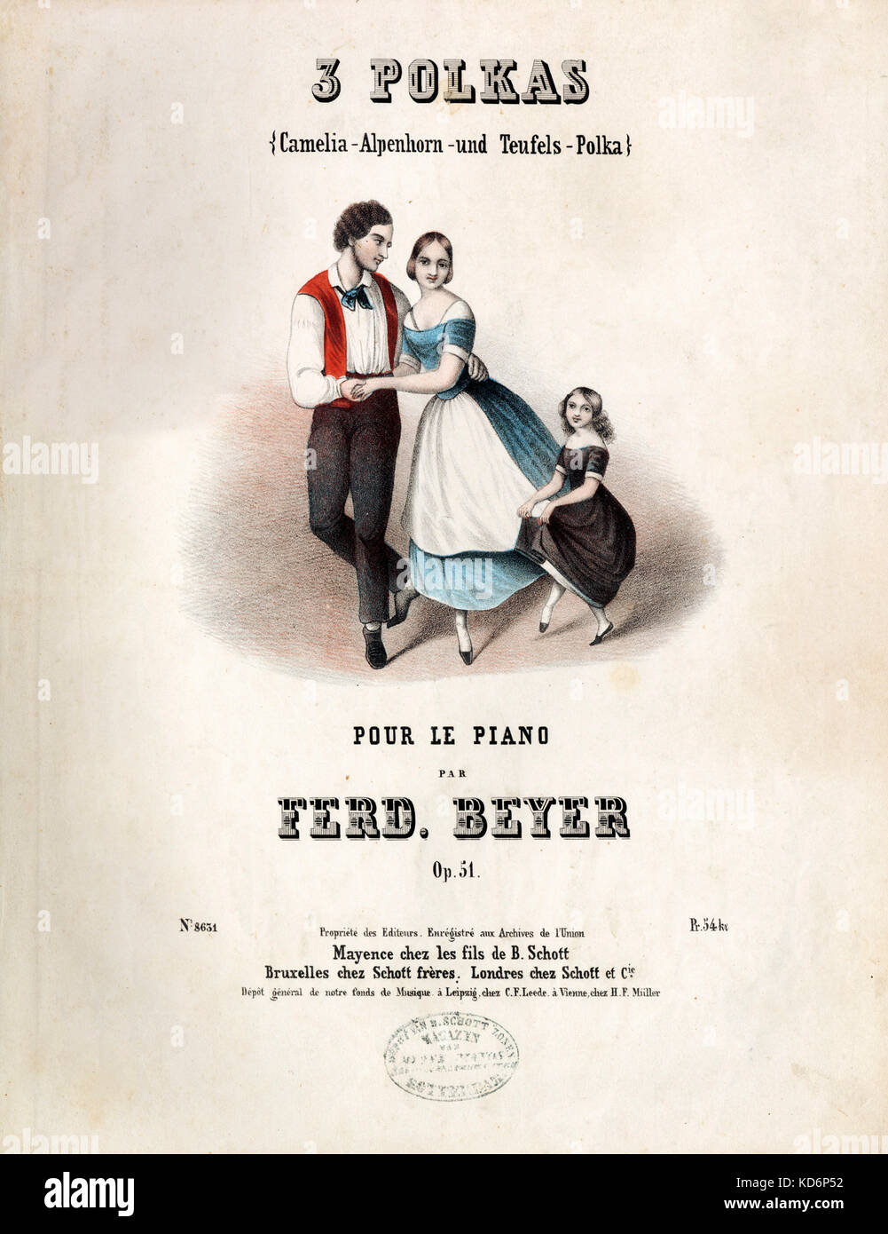 Polka - Score cover for '3 Polkas - Camelia, Alpenhorn und Teufels, Polka. For piano by F. Beyer Opus 51. Illustrations shows dance steps. Mother, father, daughter all dancing. Published Mainz, B Schott, 1850-56 Stock Photo