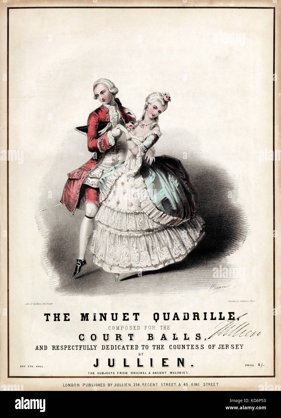 The Minuet Quadrille composed for the Court Balls and respectfully dedicated to the Countess of Jersey by Julien.  Illustrated by Brandard. Court dance eighteenth century. Published by Julien, London. Man wearing wig . Shows steps. Stock Photo