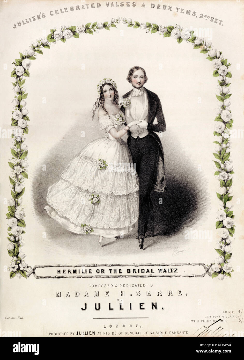 Queen Victoria and Prince Albert wedding dance. Called 'Hermilie or the Bridal Waltz' because disrespectful to refer directly to the Queen.Published, London, Julien, before 1846 - around time of Victoria 's accession to the throne of England.  Illustration by J. Brandard. 'Julien's celebrated valses a deux tems, 2nd set.' Shows steps. Stock Photo