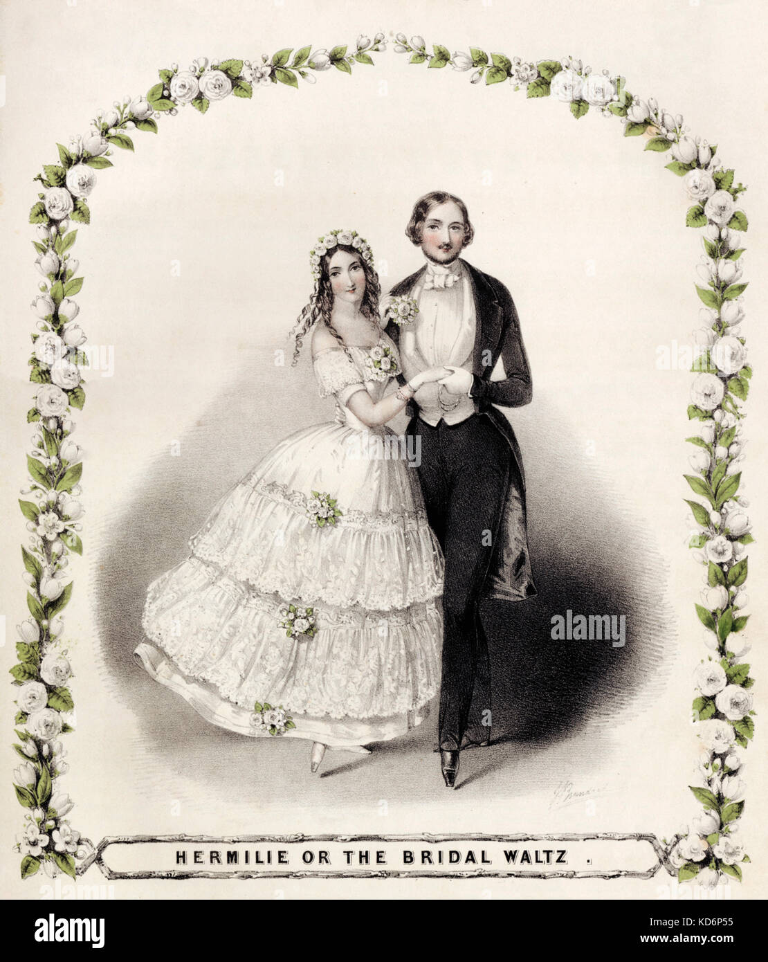 Queen Victoria and Prince Albert wedding dance. Called 'Hermilie or the Bridal Waltz' because disrespectful to refer directly to the Queen.Published, London, Julien, before 1846 - around time of Victoria 's accession to the throne of England.  Illustration by J. Brandard. J'Julien's celebrated valses a deux tems, 2nd set.' Shows steps. Stock Photo