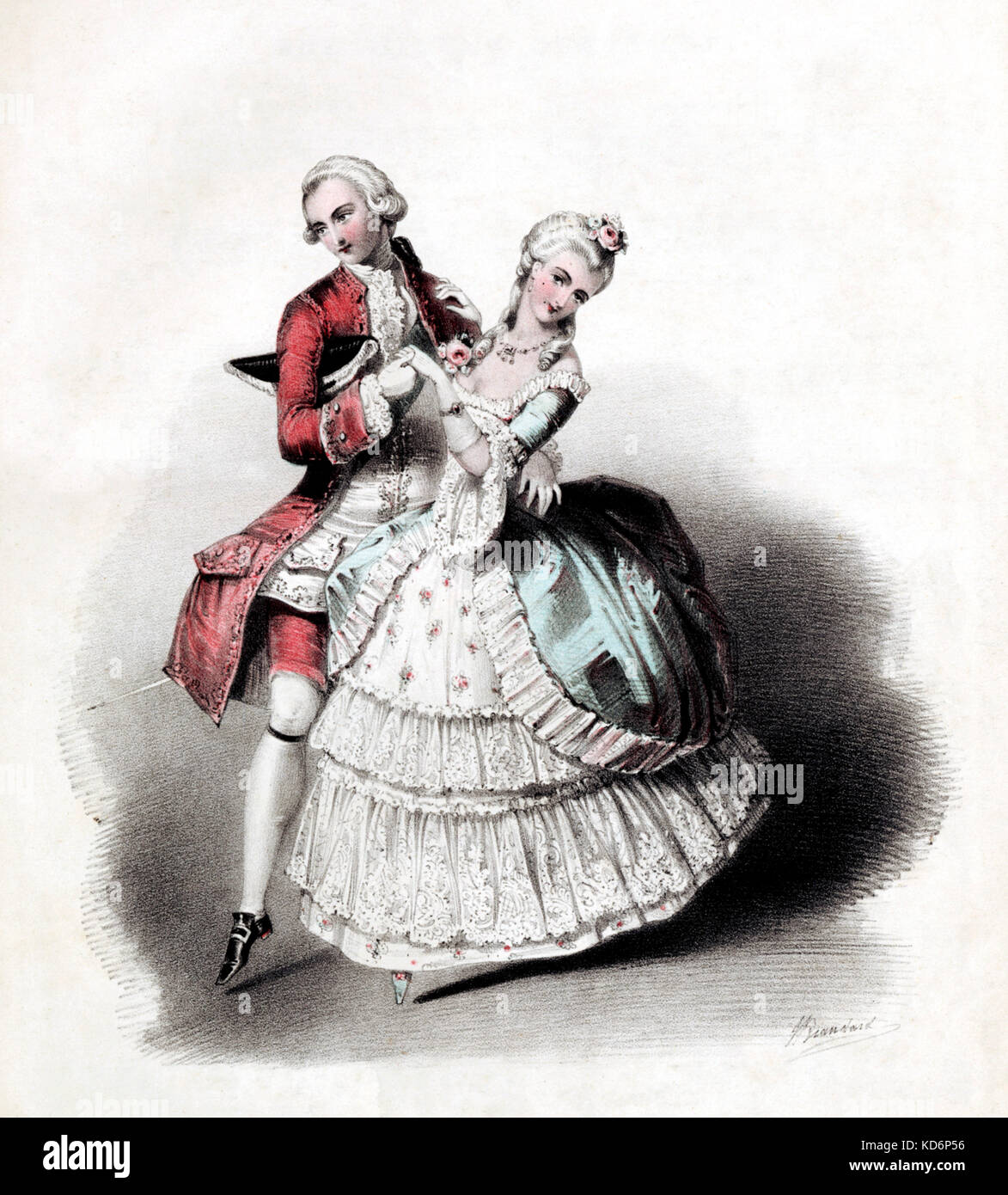 The Minuet Quadrille composed for the Court Balls and respectfully dedicated to the Countess of Jersey by Julien.  Illustrated by Brandard. Court dance eighteenth century. Published by Julien, London. Man wearing wig, Shows steps. Stock Photo