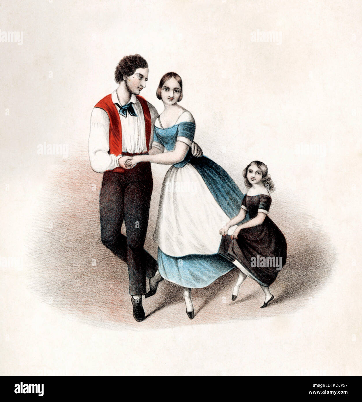 Polka - Score cover for '3 Polkas - Camelia, Alpenhorn und Teufels, Polka. For piano by F. Beyer Opus 51. Illustrations shows dance steps. Mother, father, daughter all dancing. Published Mainz, B Schott, 1850-56 Stock Photo