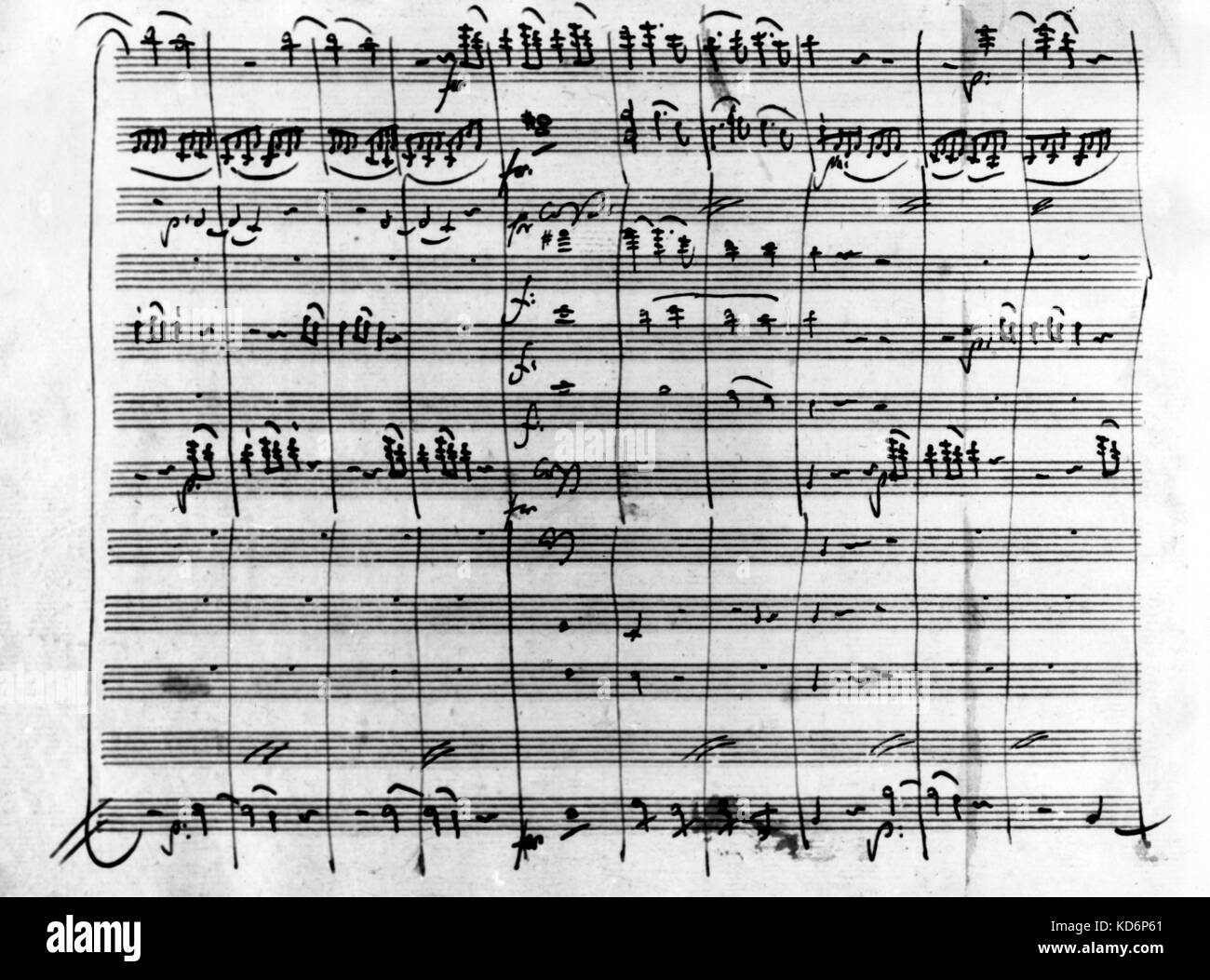 Wolfgang Amadeus Mozart 's Symphony No. 40, Molto Allegro in G moll, KV 550, bars 73-82. Score page in the composer's handwriting. Austrian composer. 1756-1791 Stock Photo