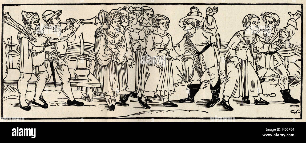 Peasants dancing in poem by Hans Sachs.  Dancing to music from early bugle and bagpipe Hans Sachs, 1494-1576, German poet and playwright, leading meistersinger of the Nuremberg school, a main character in Wagner's opera Die Meistersinger von Nürnberg (1868), admired by Goethe Stock Photo