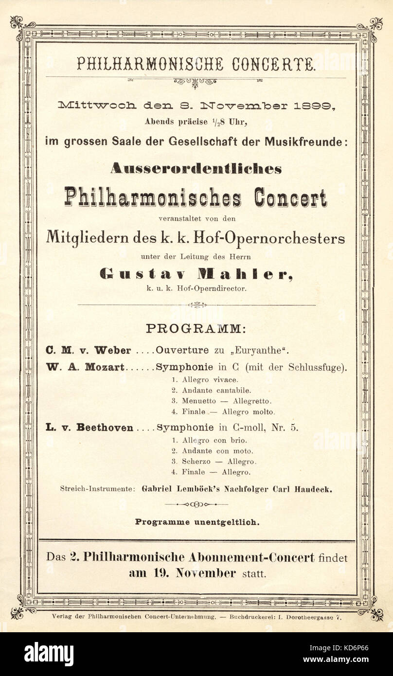 Gustav Mahler programme  conducting on Wednesday, 8th November 1899 at the Gesellschaft der Musikfreunde in Vienna. Conducting Weber, Mozart and Beethoven. Philharmonisches Concert Stock Photo