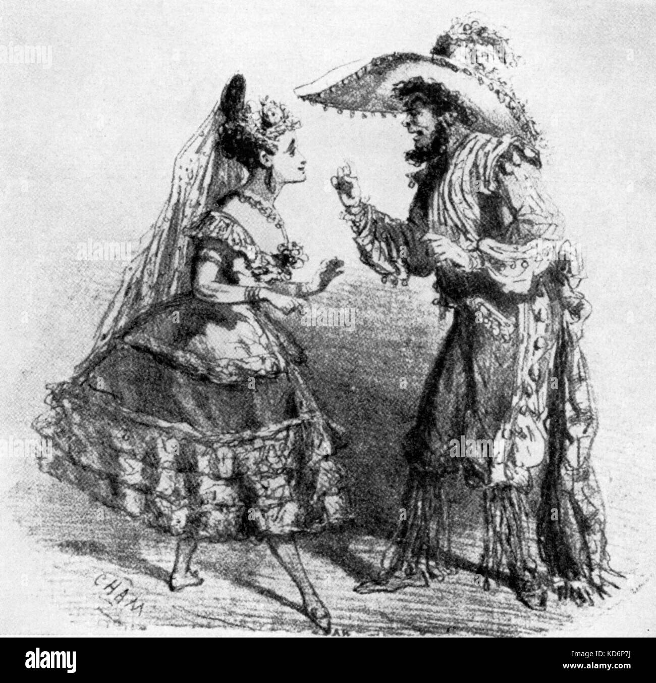The Brazilian lady and the Shoemaker - drawing for  La Vie Parisenne   by Jacques Offenbach in 1866 Paris premiere.   German/French composer,  20 June 1819 - 5 October 1880. Stock Photo