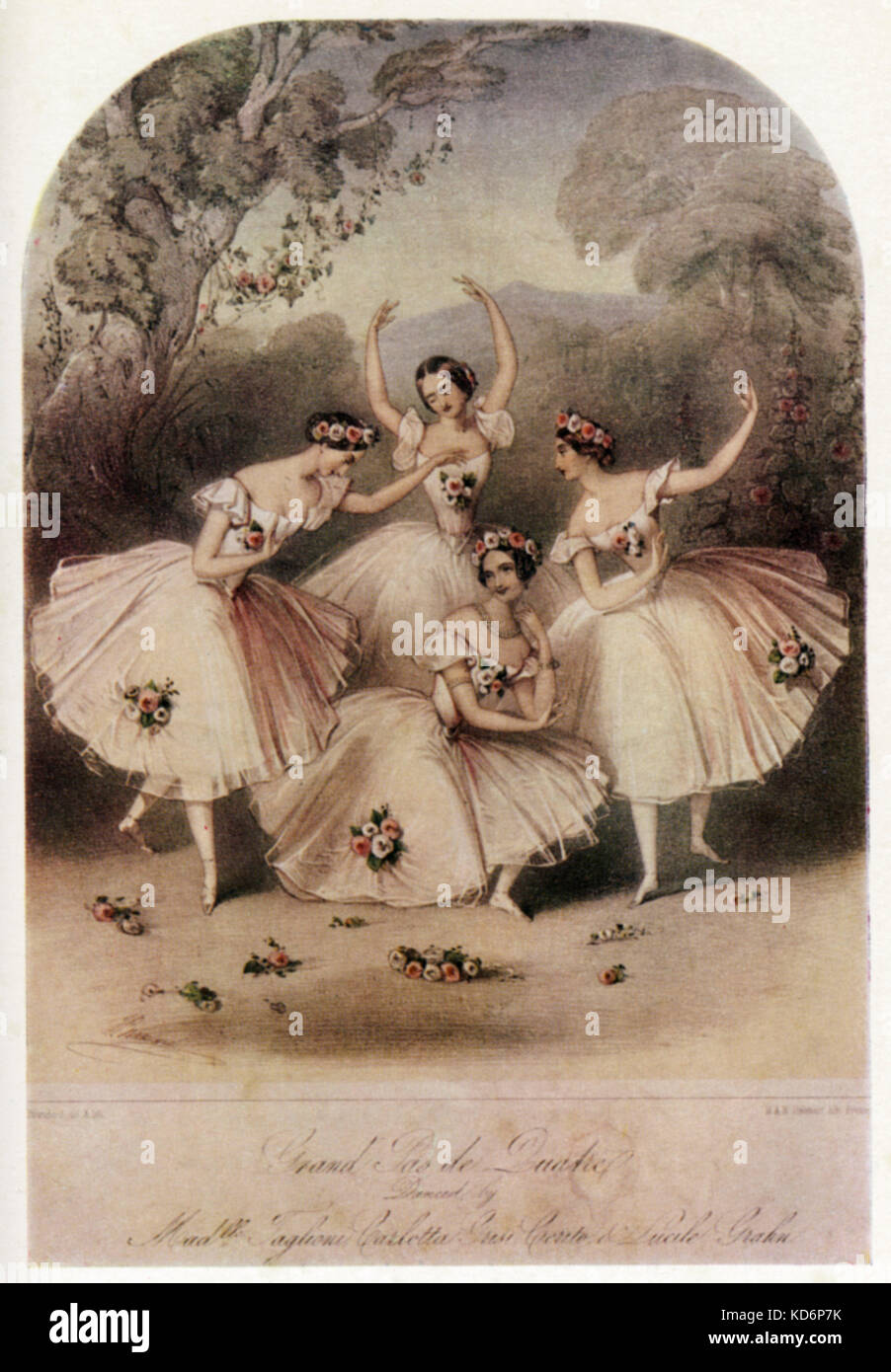 Grand Pas de Quatre - illustration of a scene from the Romantic ballet with Marie Taglioni, Carlotta Grisi, Fanny Cerrito, and Lucile Grahn dancing. Choreographed by Jules Perrot in 1845, with music by Cesare Pugni, at Her Majesty's Theatre, London. Stock Photo