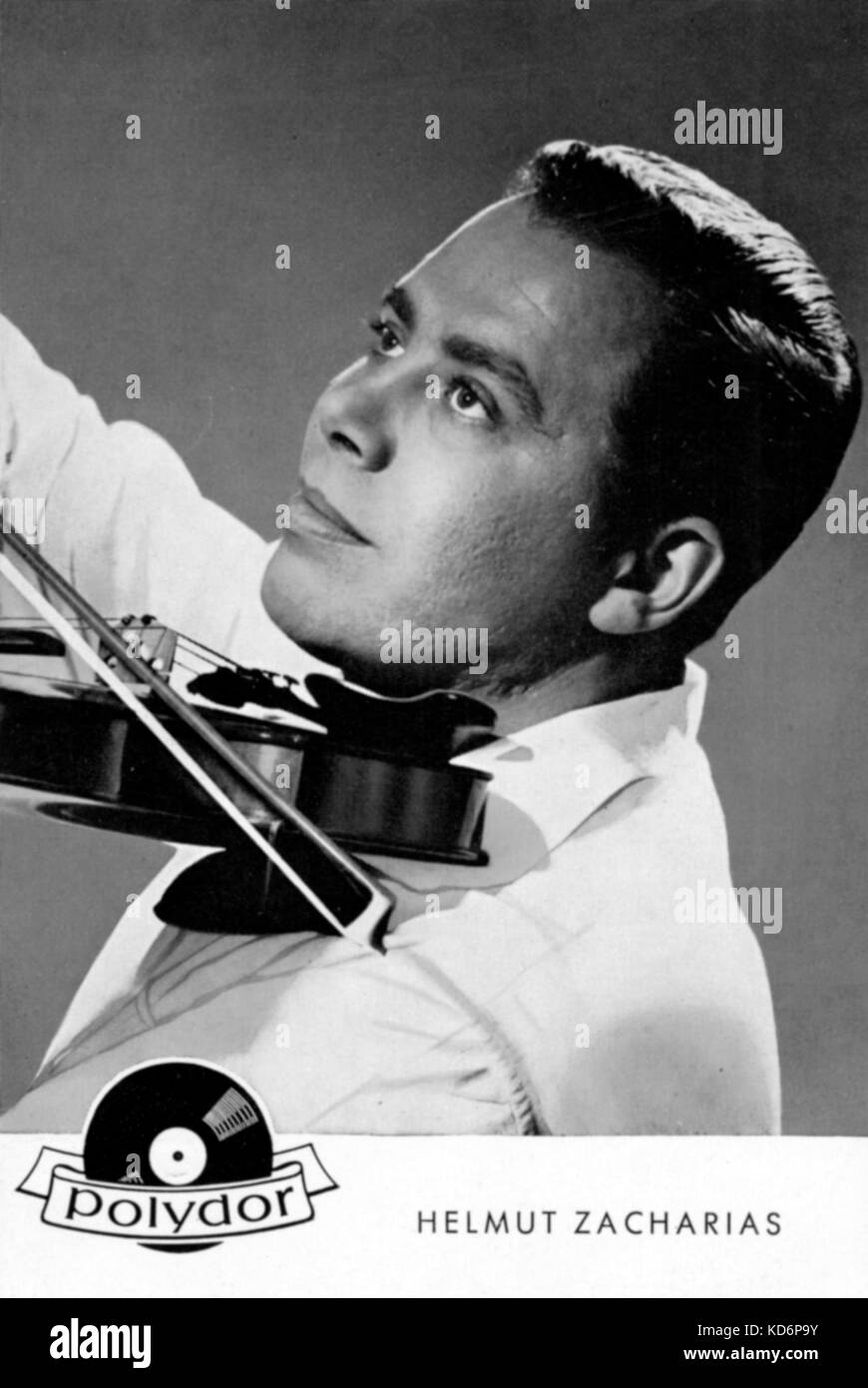 Helmut Zacharias, portrait with violin. German violinist. 27 January 1920 - 28 February 2002. Record company promotion card. Stock Photo