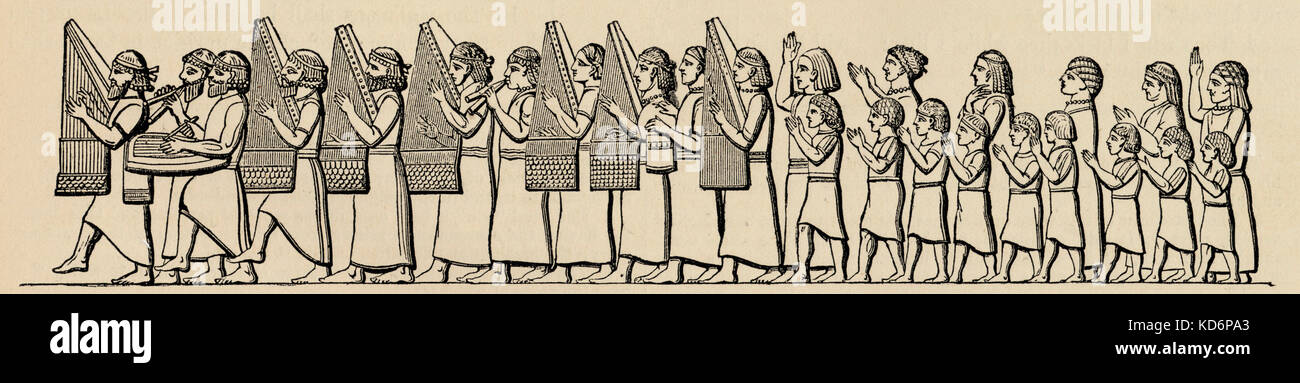 Assyrian musicians and singers - detail taken from an Assyrian sculpture with people playing harp like instruments and flutes. Stock Photo