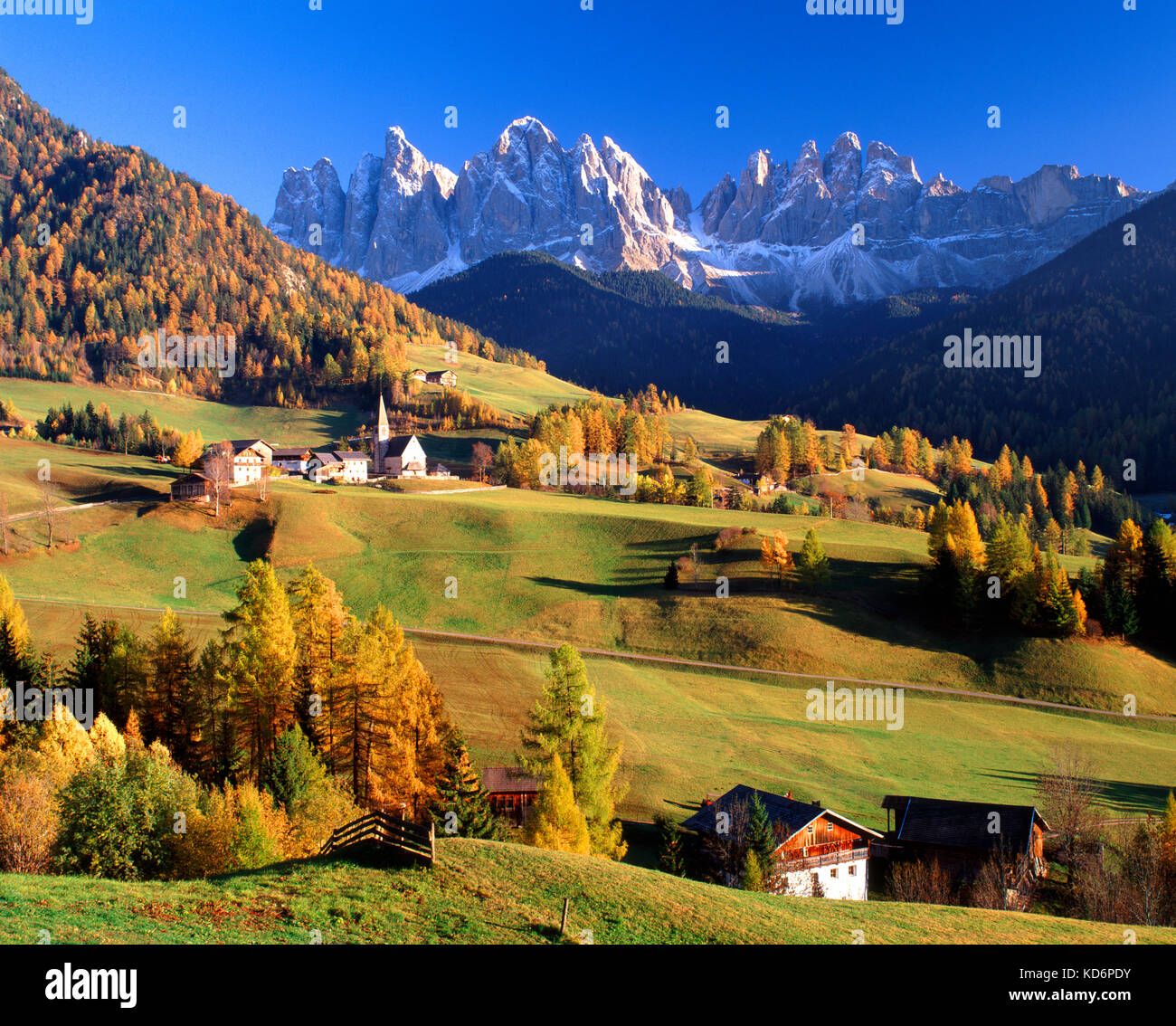 St. Magdalena and the Dolomites, Val di Funes, Alto Adige, Trentino, Italy. Stock Photo