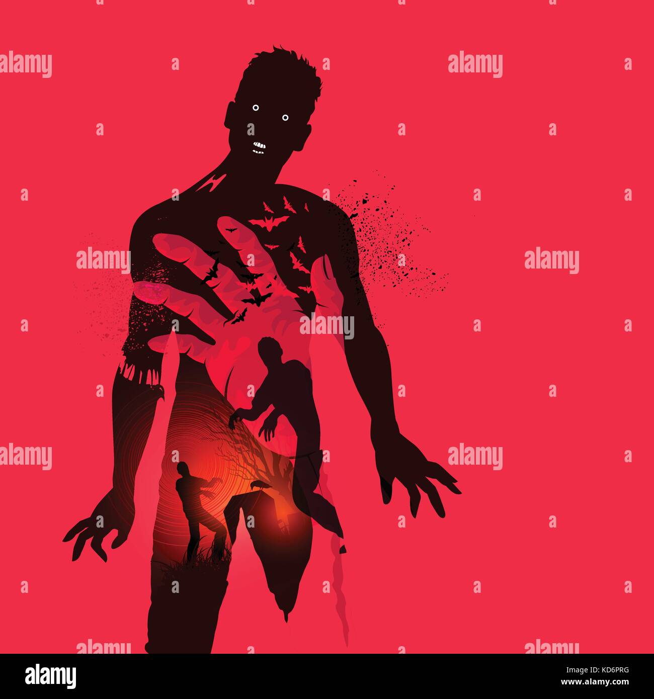 Nightmare scary zombie concept. Double exposure effect vector illustration. Stock Vector