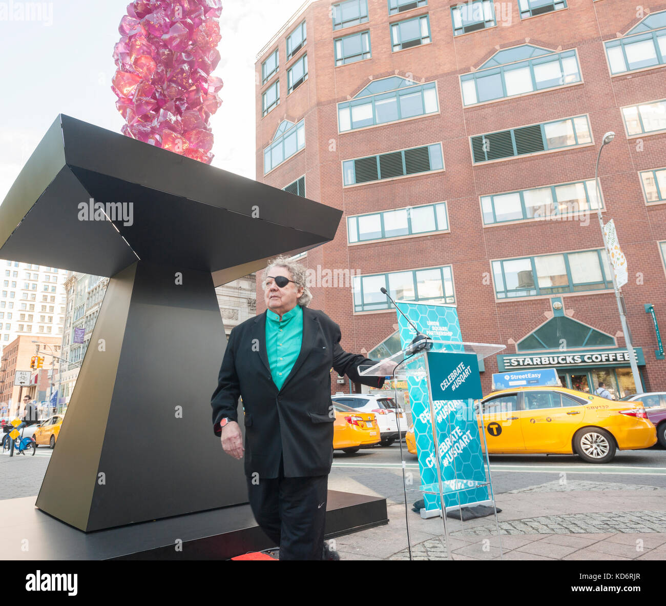 The artist Dale Chihuly at the opening of 'Rose Crystal Tower' on display in Union Square Park in New York on Friday, October 6, 2017. The 31-foot tall sculpture, made of Polyvitro crystal, a form of cast plastic, and steel is part of the 50th anniversary of the Art in the Parks program. Chihuly is known for his work in the Studio Glass movement using the medium of glass to transcend its 'craftiness' into art. 'Rose Crystal Tower' will remain on display until October 2018.(© Richard B. Levine) Stock Photo