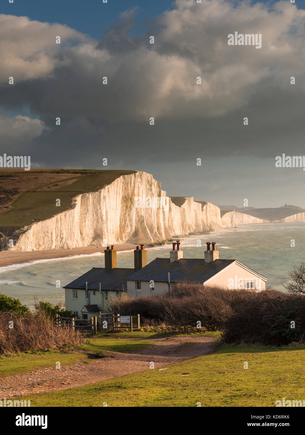 The Seven Sisters cliffs and the coastguard cottages, from Seaford Head , East Sussex, UK Stock Photo