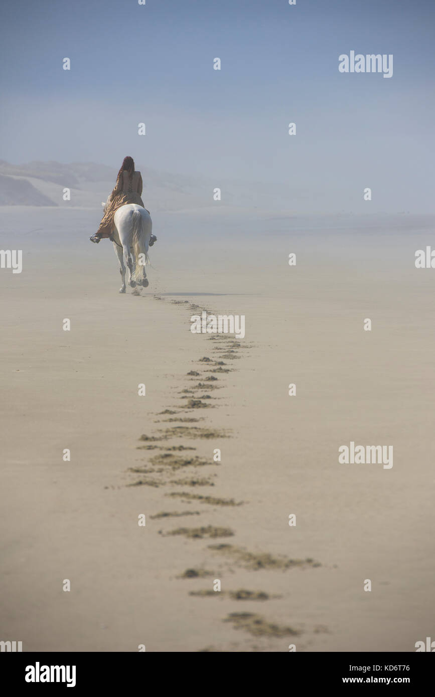 A photo of a woman riding her horse along the beach in the fog. Stock Photo