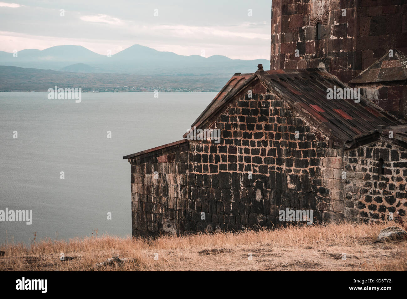 Morning on Lake Sevan in Armenia and Monastery horizontal Stock Photo