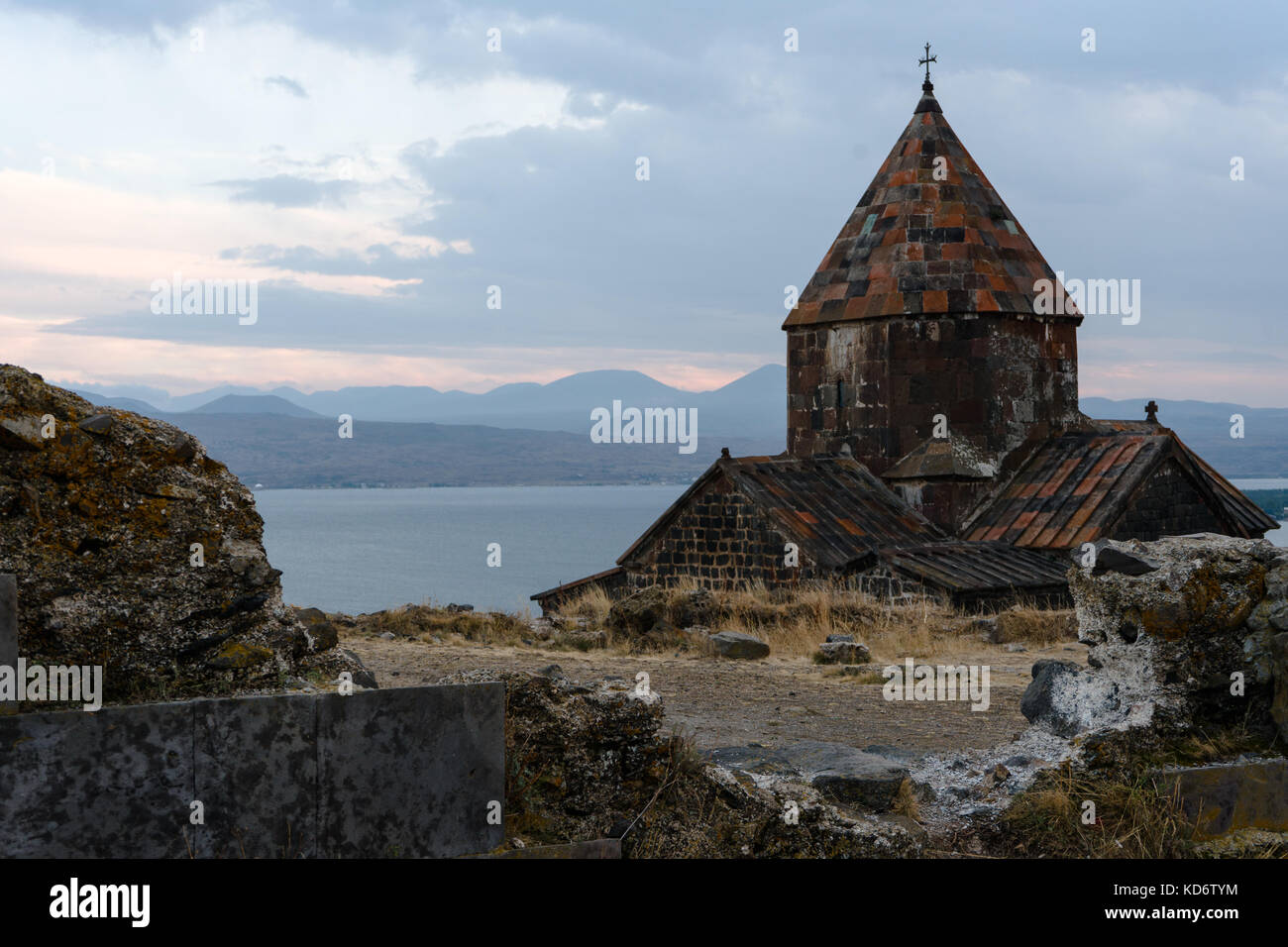 Mountains, Lake Sevan, Sevanavank Monastery in Armenia horizontal Stock Photo
