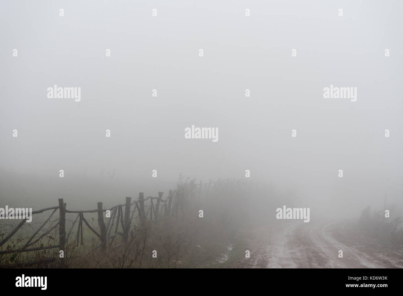 Uneven road, hedge, fog in the Armenian village horizontal Stock Photo