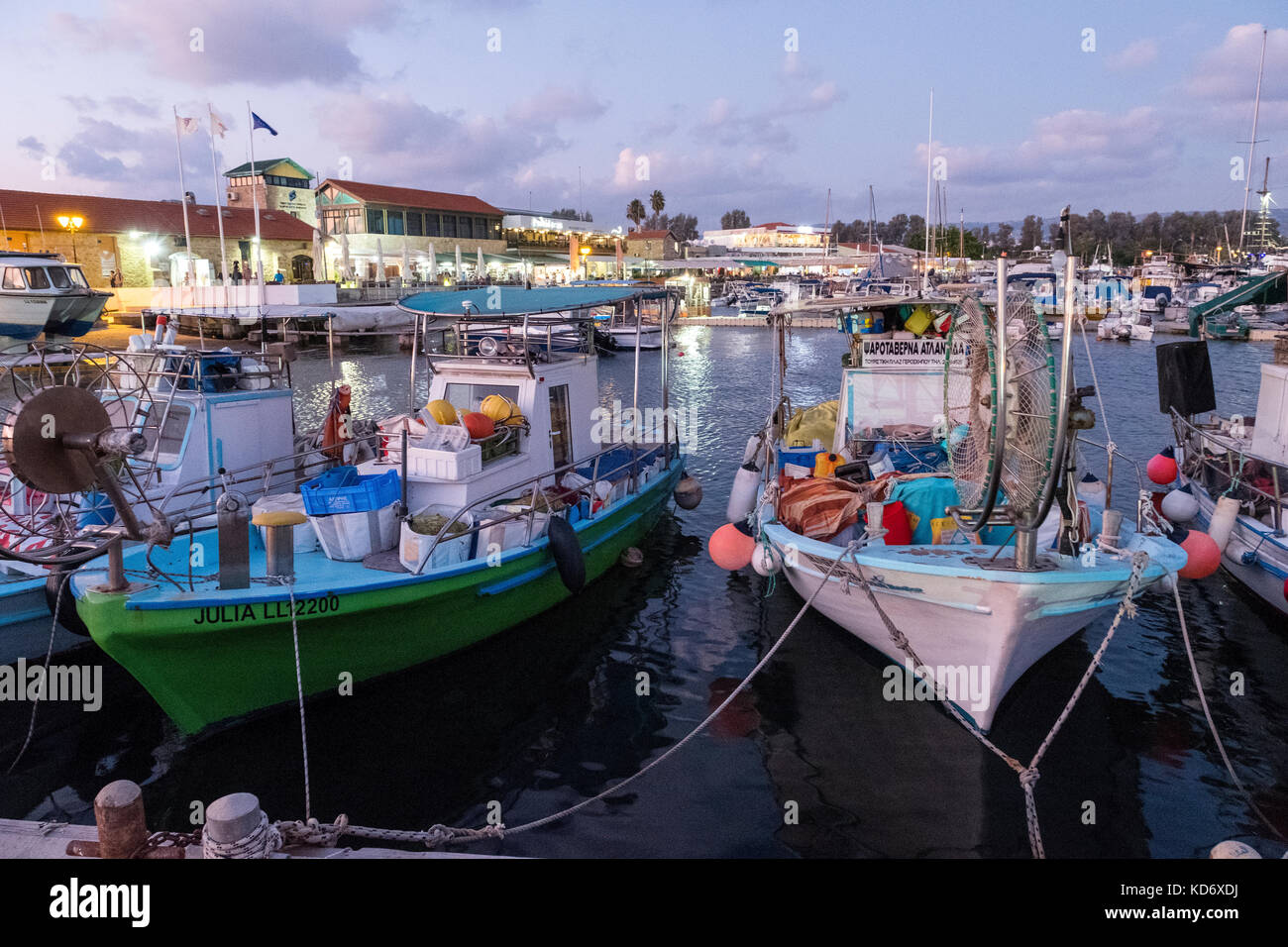 Fishing boats and pleasure craft moored in Paphos Harbour, Kato Paphos, Cyprus. Stock Photo
