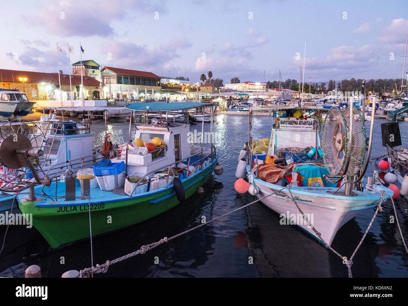 Fishing boats and pleasure craft moored in Paphos Harbour, Kato Paphos, Cyprus. Stock Photo