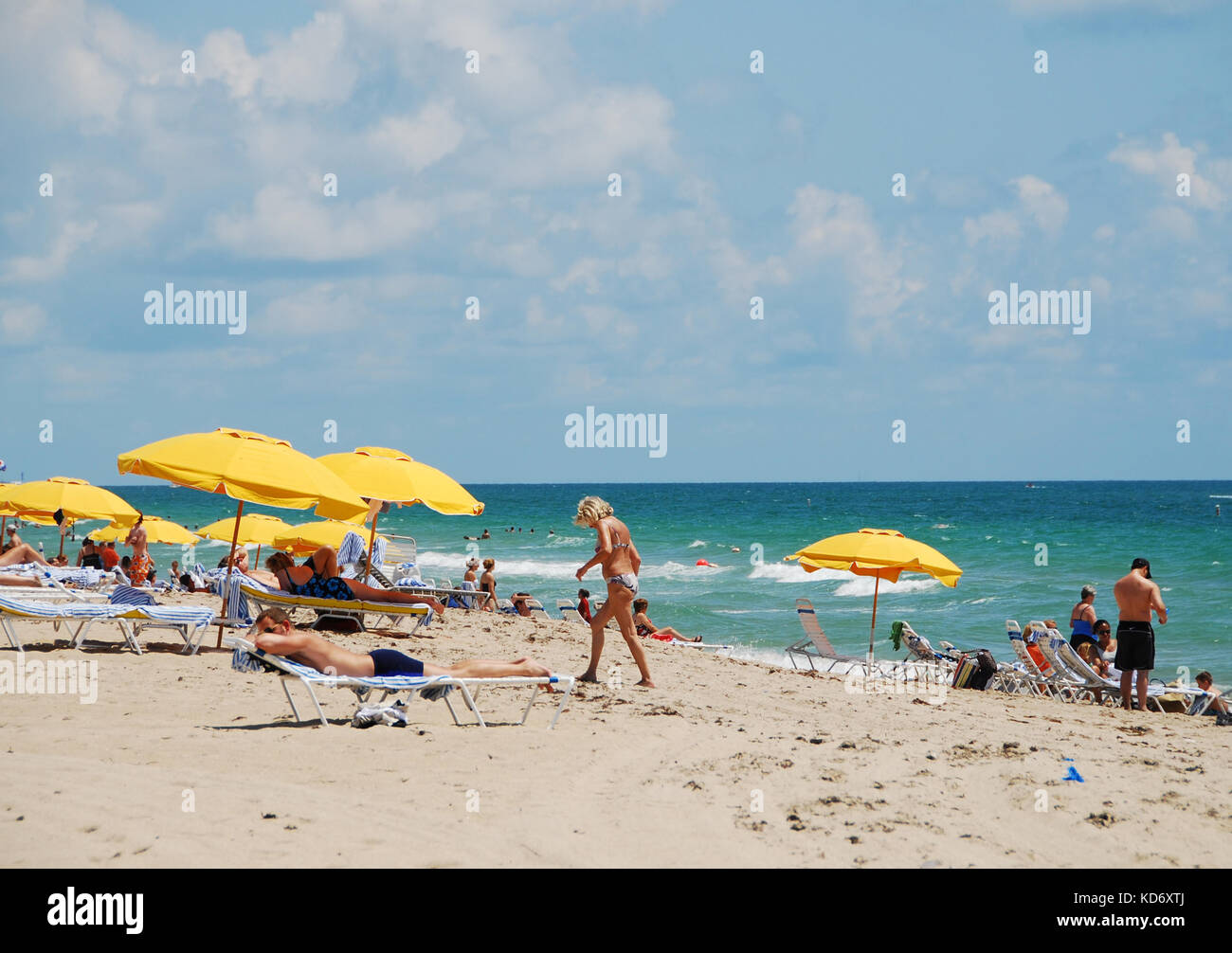Fort Lauderdale, USA - June 9, 2007: Busy day on the beach in Fort Lauderdale, Florida. Tourists visit Florida in high numbers during the high season Stock Photo