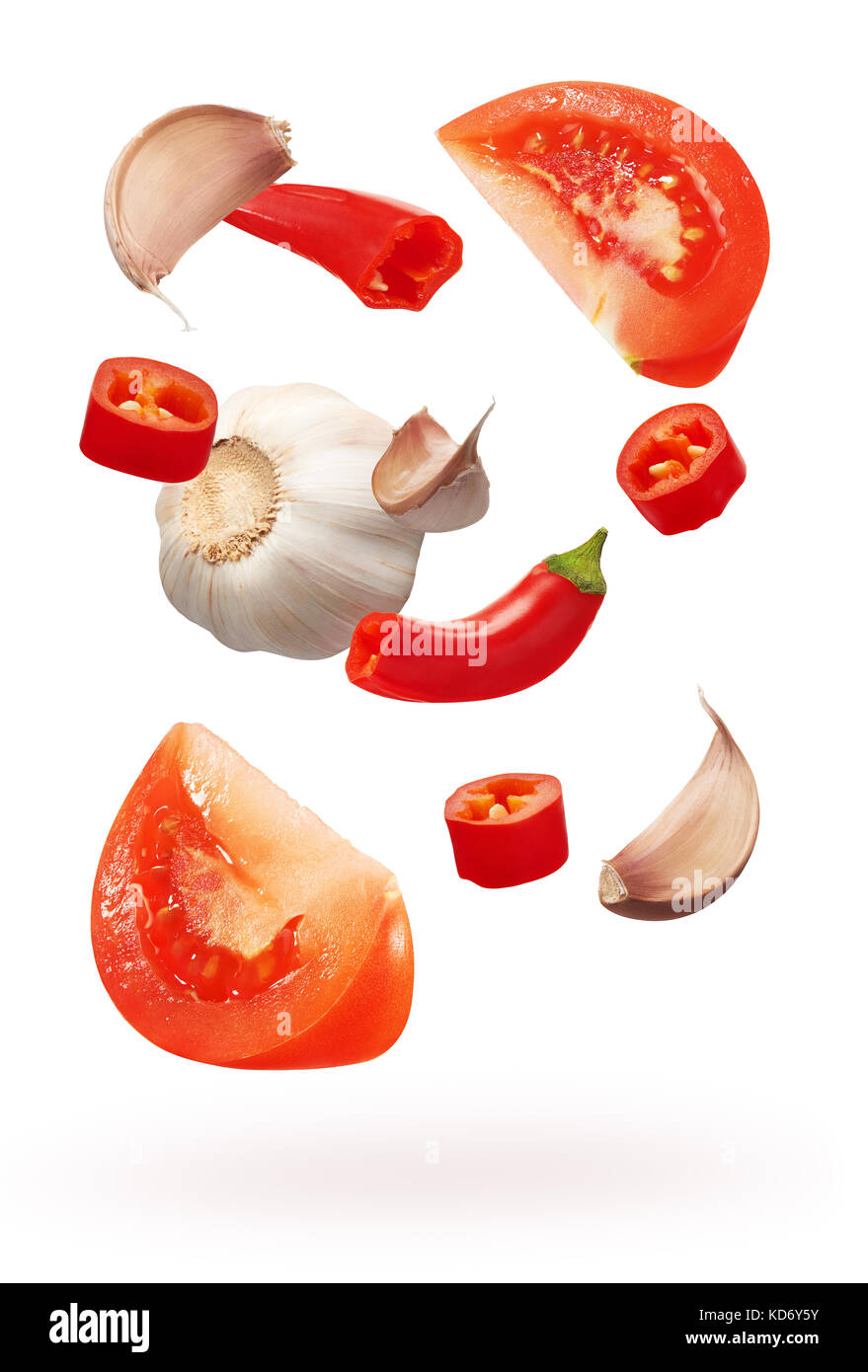 Cut red chili pepper vegetables, garlic with cloves and slices of ...