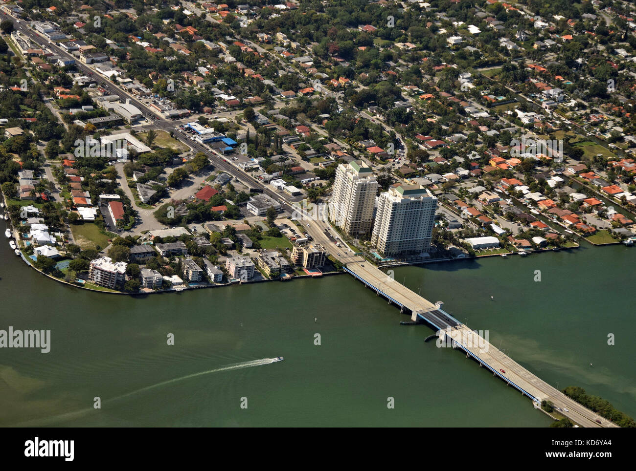 Aerial view of waterfront neighborhood in Miami Florida Stock Photo