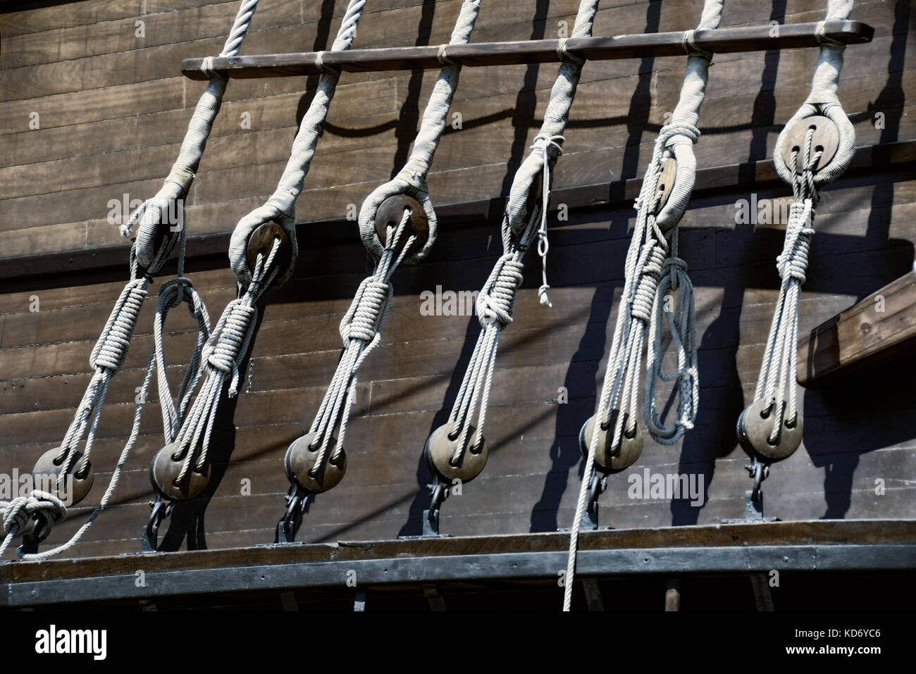 Old worn out roles on ancinet sailing ship Stock Photo