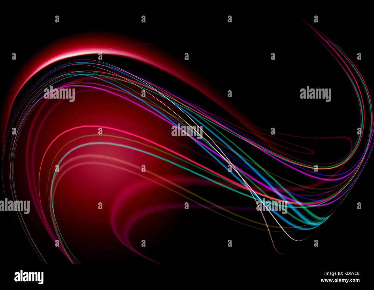 Abstract black background with red back lit with falling wavy colored ...