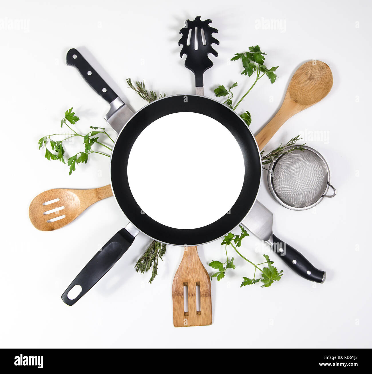 Concept idea for advertising in food industry, menus, brochures for restaurants. Copy space or room for text on white background, with utensils Stock Photo