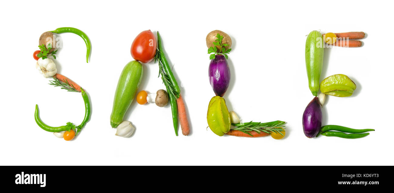 Word 'Sale' written with vegetables as a  concept for healthy lifestyle, vegetarian or vegan diet, getting fit or reducing calories Stock Photo