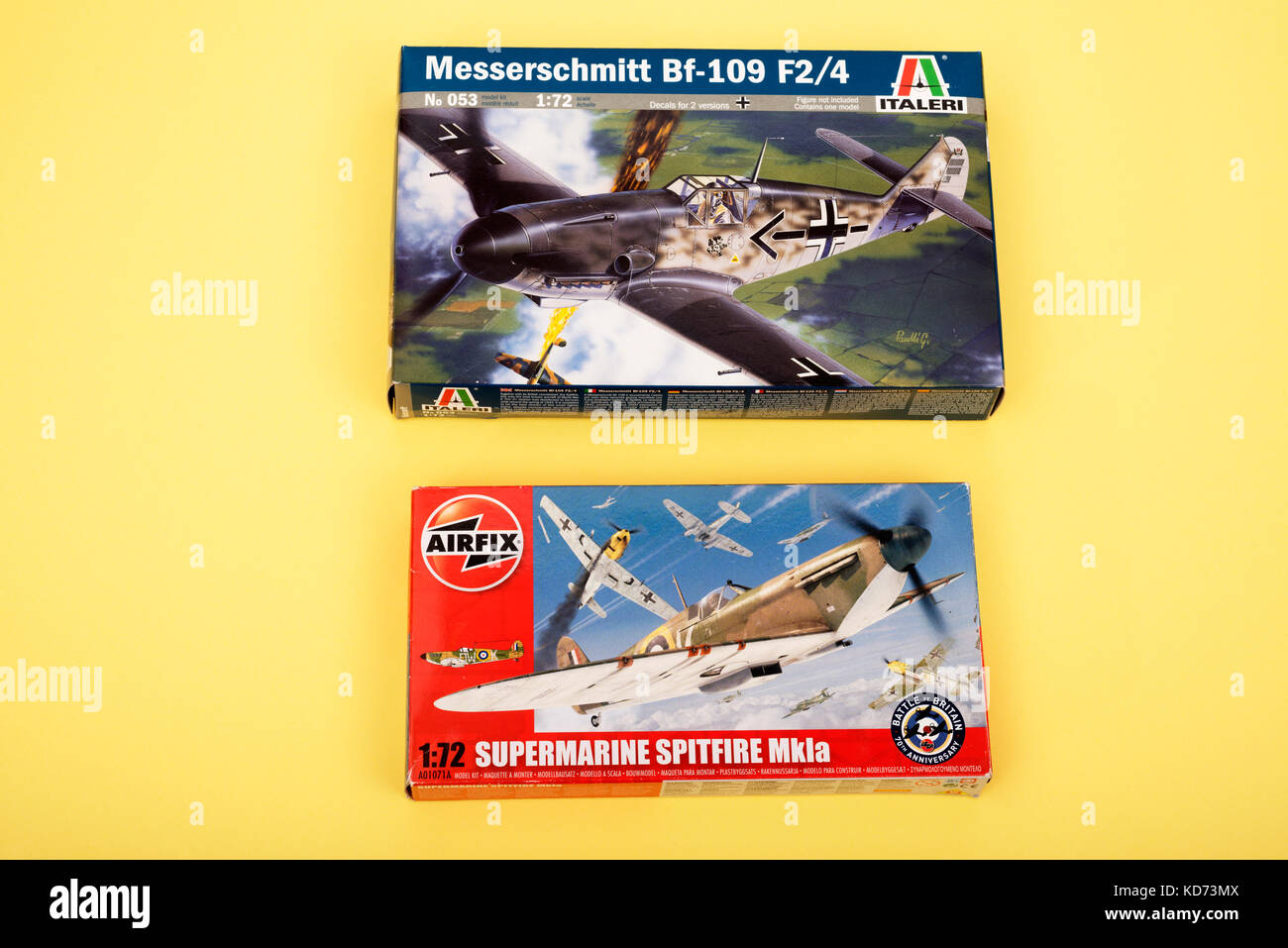 Italeri Messerschmitt Bf-109 and Airfix Supermarine Spitfire plastic models Stock Photo
