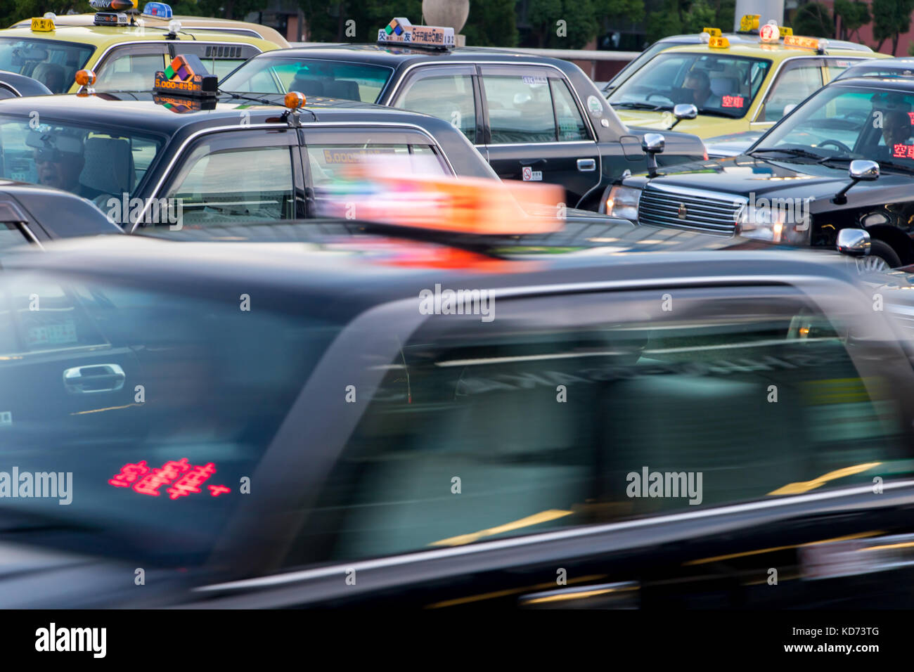 JAPAN, TOKYO, JUL 01 2017, a line of taxis on streets. Many taxi car on