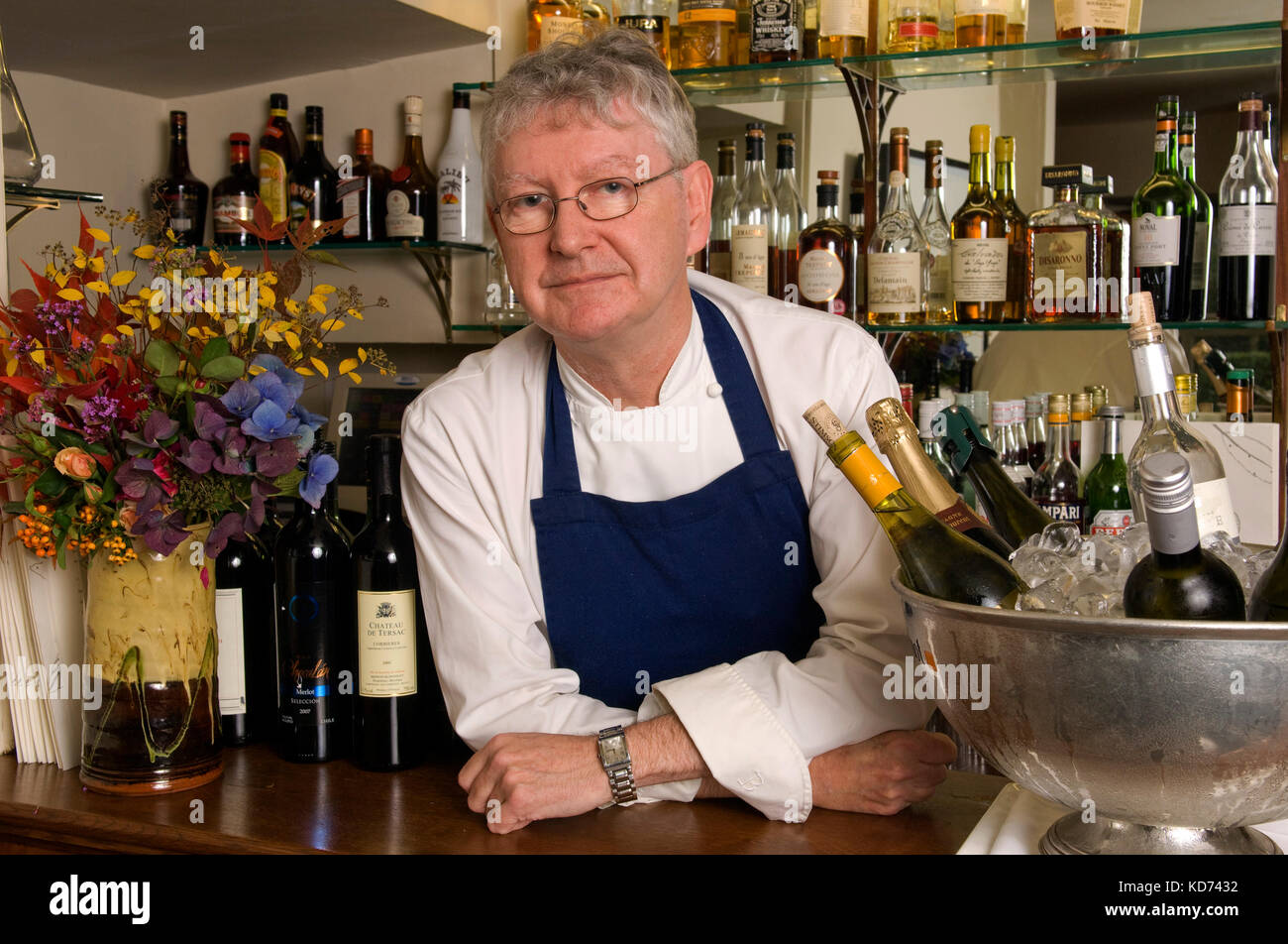 Chef/restaurateur Shaun Hill with his restaurant The Walnut Tree, Abergavenny, Wales. Stock Photo
