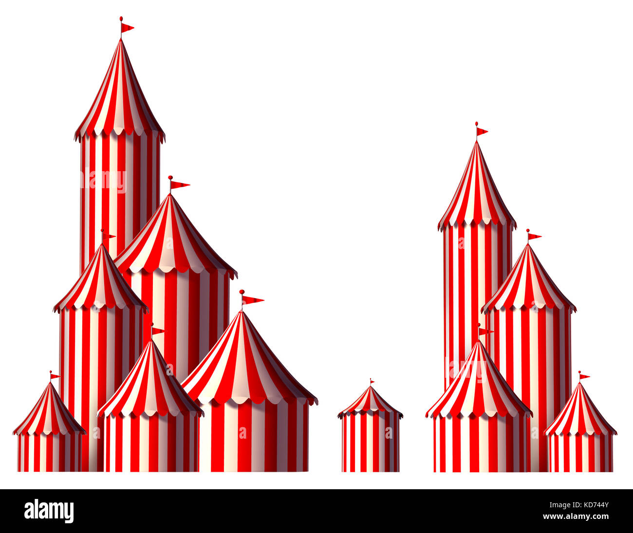 Circus tent design element as a group of big top carnival tents with an opening entrance as a fun entertainment icon for a theatrical celebration. Stock Photo
