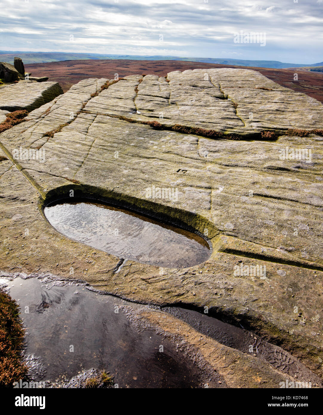 Numbered carved rock basin on Stanage Edge near Hathersage in the Derbyshire Peak District - made to supply water for the grouse on Hallam Moors Stock Photo