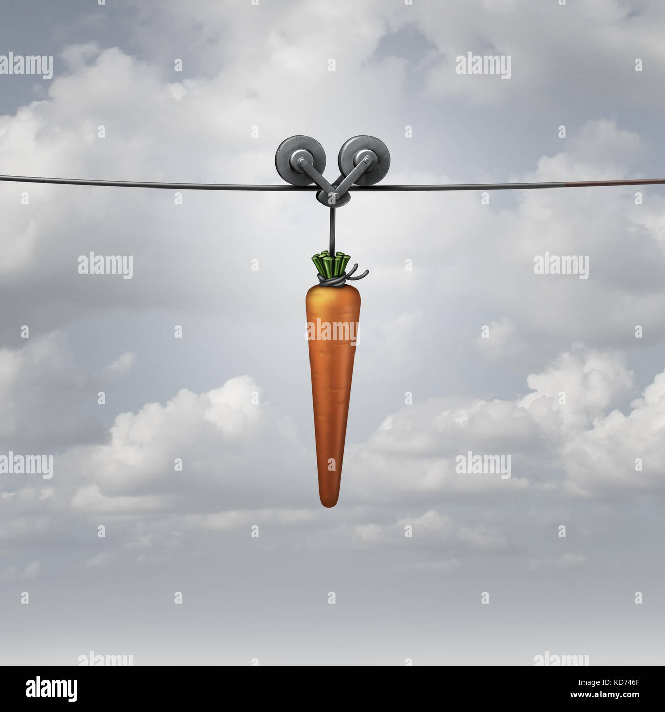 Enticement and motivation concept as a carrot pulled on a wire as a metaphor for marketing reward to attract and encourage a followed. Stock Photo